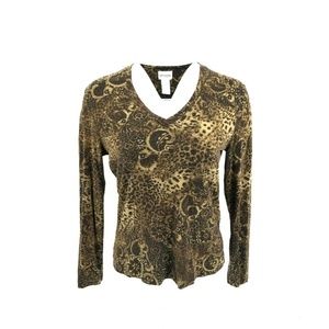 Chicos V Neck Long Sleeve Cheetah Paisley Top Sz 8